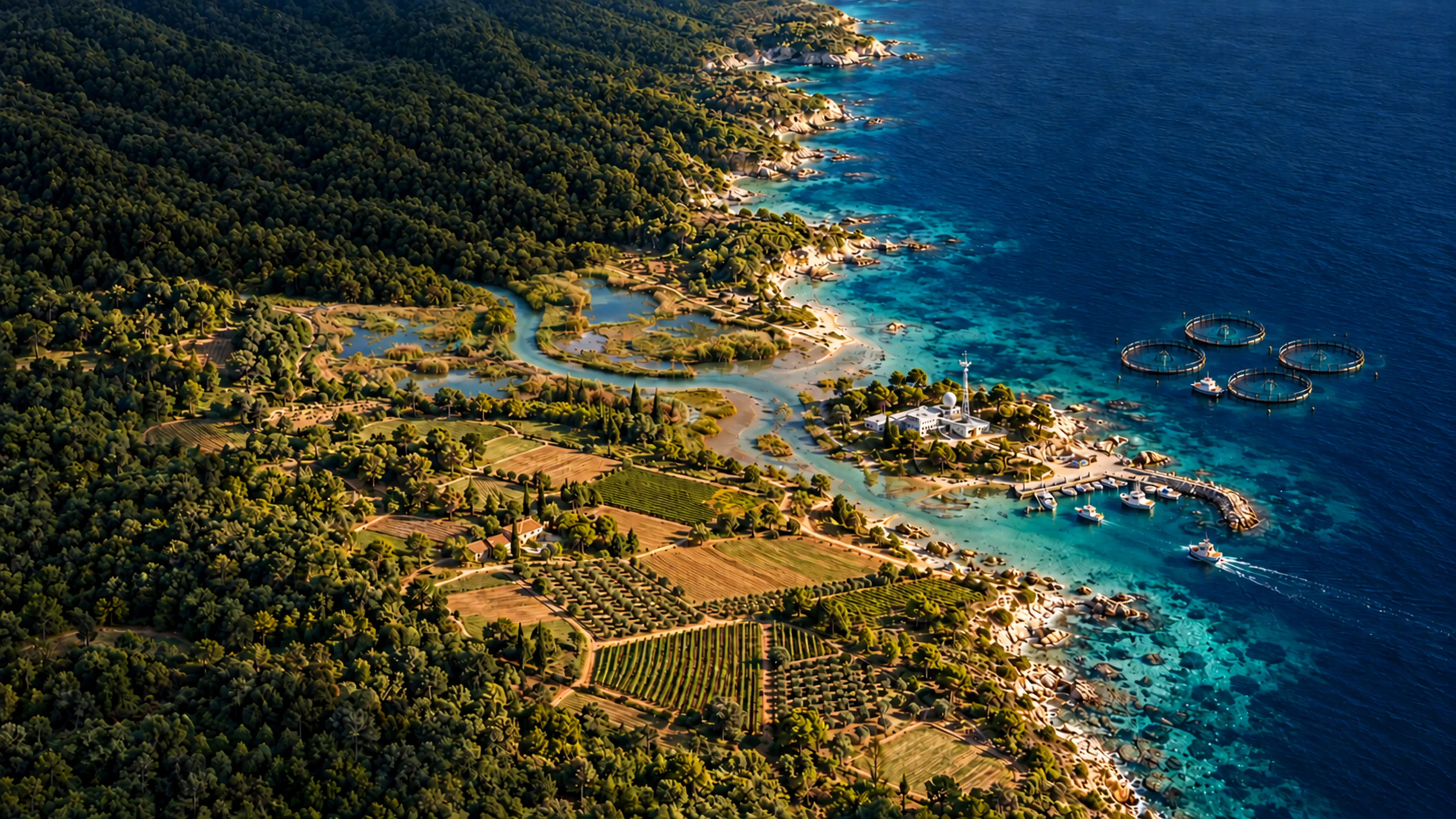 Illustration d’un territoire, de la forêt à la mer : forêt et zone humide, cultures et vignes, station de recherche, port, élevage en mer et éoliennes au large.